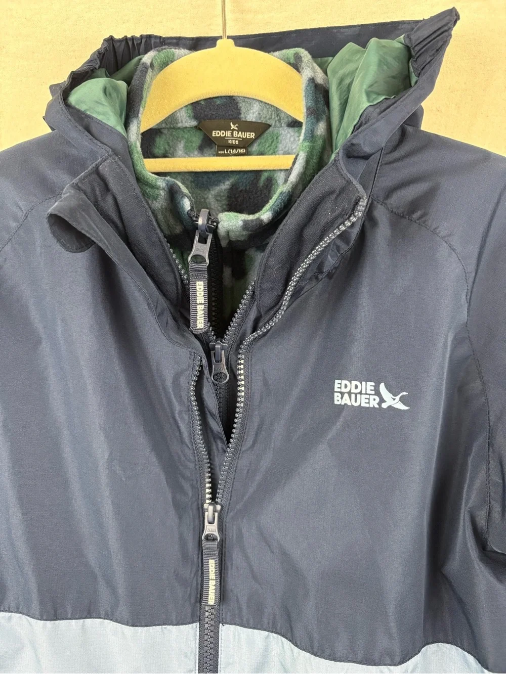 Eddie Bauer Kids Green and Navy Camo Fleece Jacket